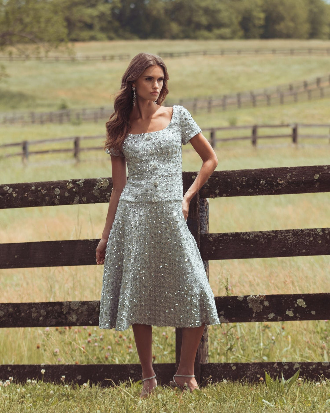Mac Duggal 56451 Sequin Button Up Boucle Midi Dress
