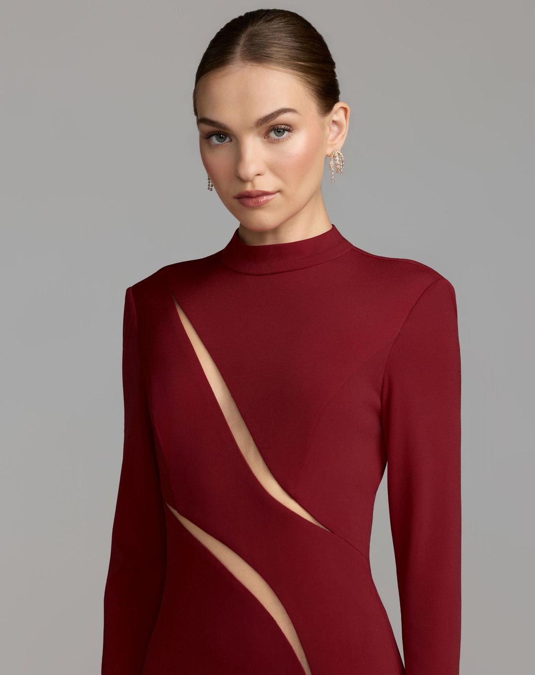 Mac Duggal 56535 Mock Neck Long Sleeve Cut Out Jersey Gown