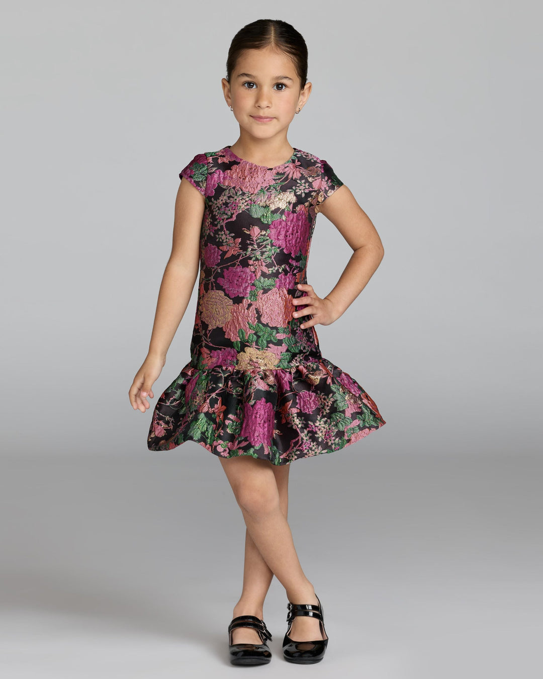 Mac Duggal 56538 Girls Floral Brocade Drop Waist Mini Dress