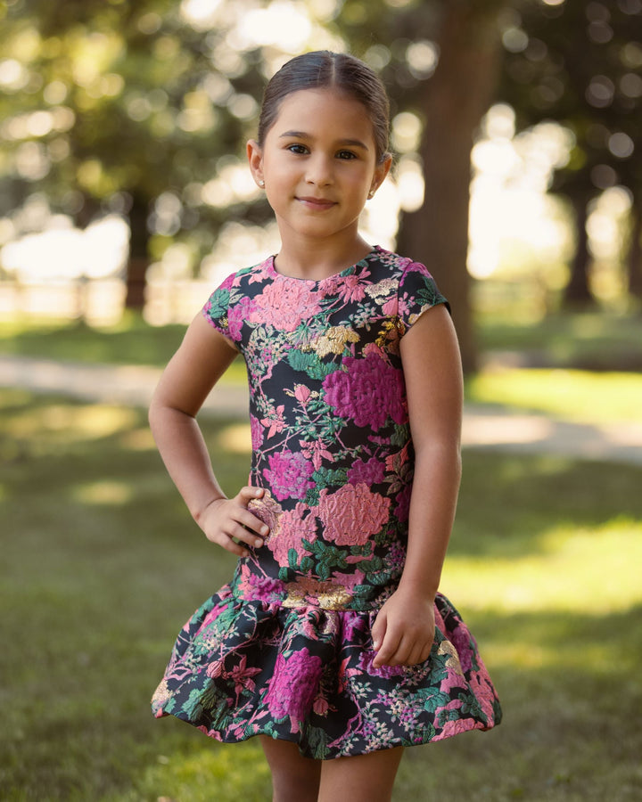Mac Duggal 56538 Girls Floral Brocade Drop Waist Mini Dress