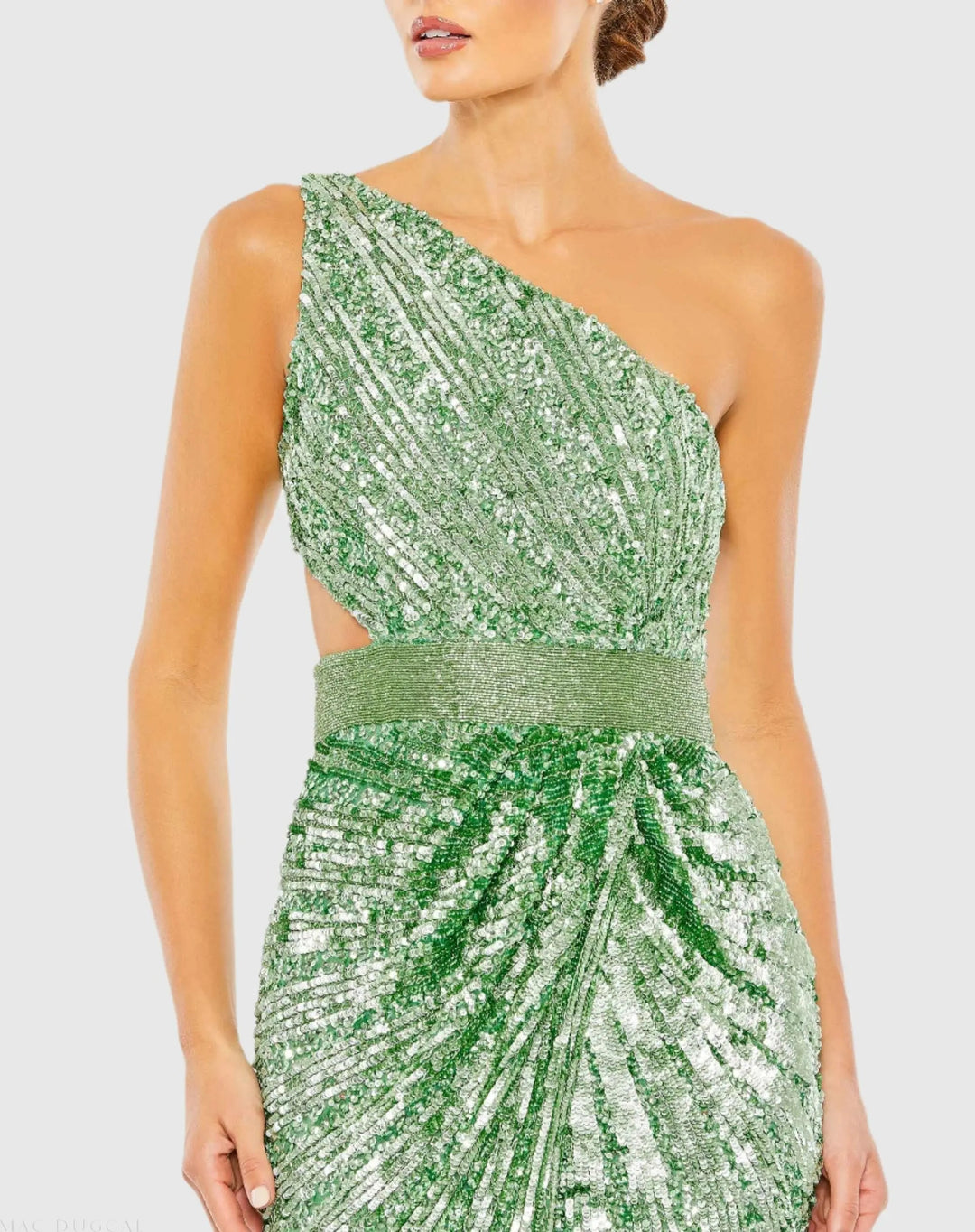 Mac Duggal 5687 Green Sequined One Shoulder Draped Lace Up Gown