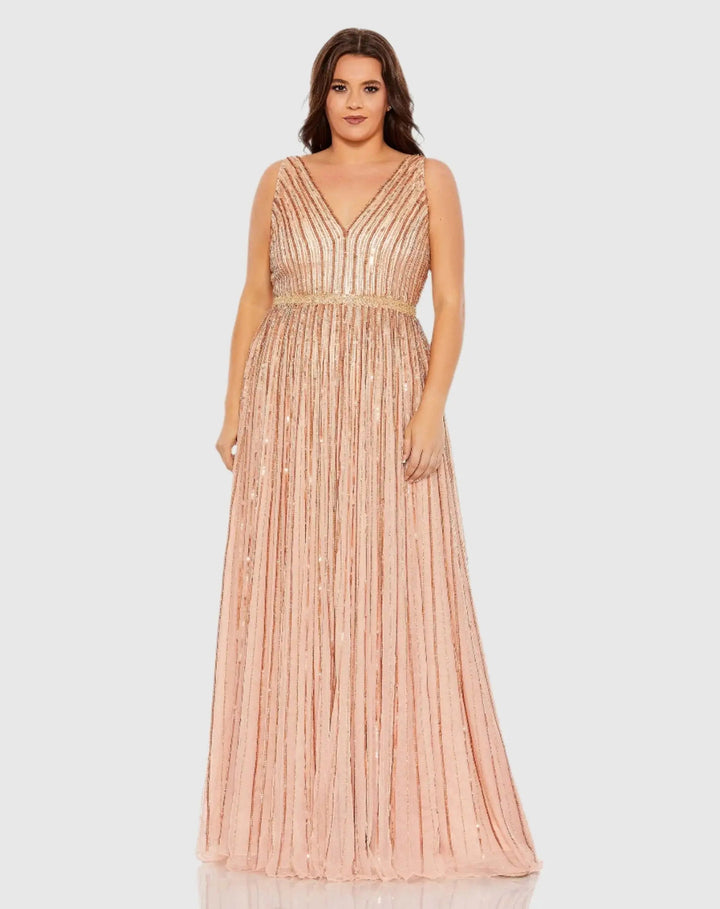 Mac Duggal 5755 Sequined Striped Sleeveless V Neck A Line Gown (Plus)