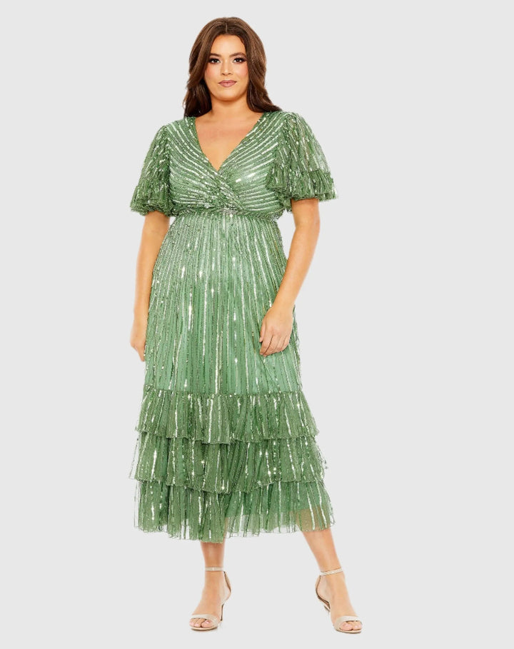 Mac Duggal 5785 Sequin Faux Wrap Flutter Sleeve Ruffle Dress (Plus)