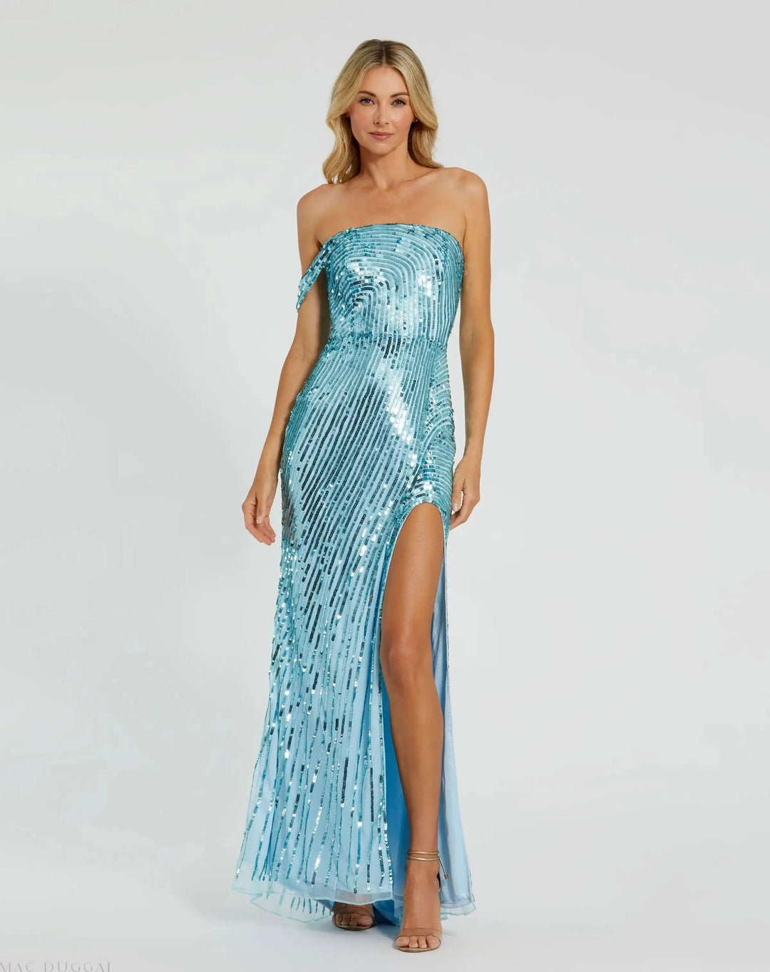 Mac Duggal 6072 One Shoulder Mesh Sequin Gown With Slit