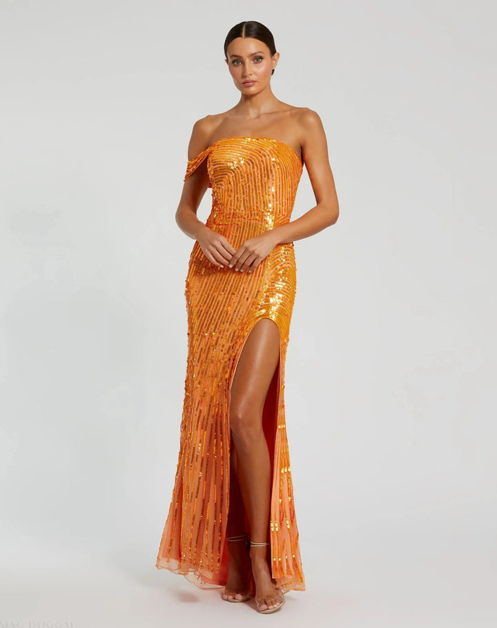 Mac Duggal 6072 One Shoulder Mesh Sequin Gown With Slit