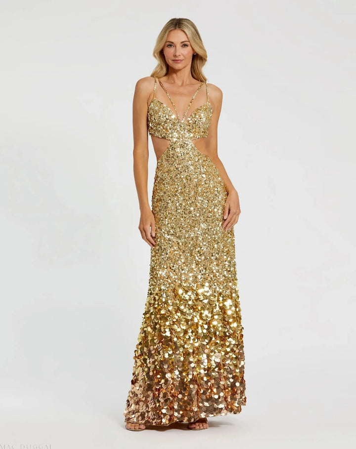 Mac Duggal 6077 Thin Strap Cut Out Gown With Ombre Sequins