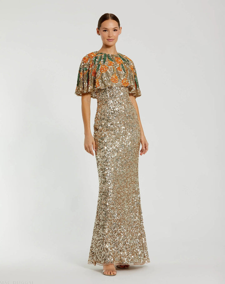 Mac Duggal 6120 Embellished Gown With Floral Beaded Shawl