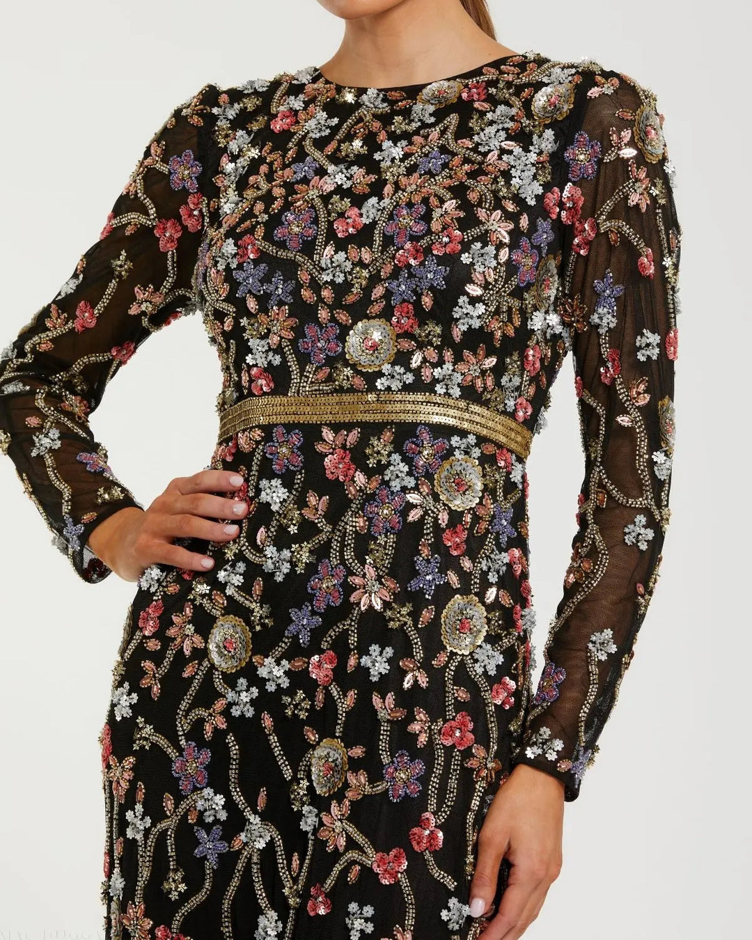 Mac Duggal 6135 Embellished Mesh Long Sleeve Gown