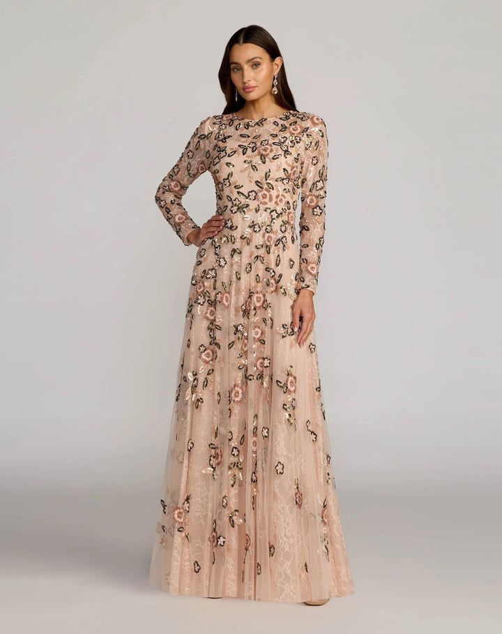 Mac Duggal 6239 Embellished Lace Floral Long Sleeve A-Line Gown