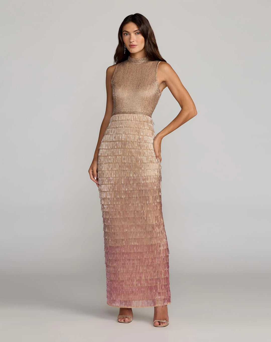 Mac Duggal 6254 Mock Neck Sleeveless Beaded Fringe Gown