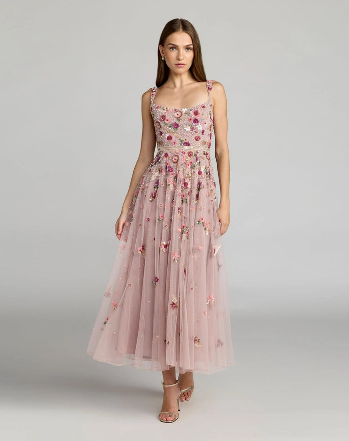 Rose Pink Floral Hand Embellished Scoop Neck Midi Dress - FOSTANI.com