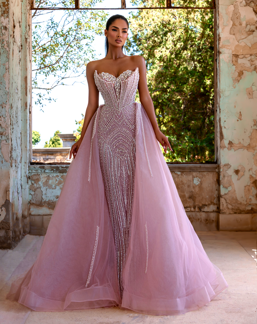 Delilah LD21131 Strapless Pearl and Crystal Corset Sheath Gown with Full Overskirt - Pink front view