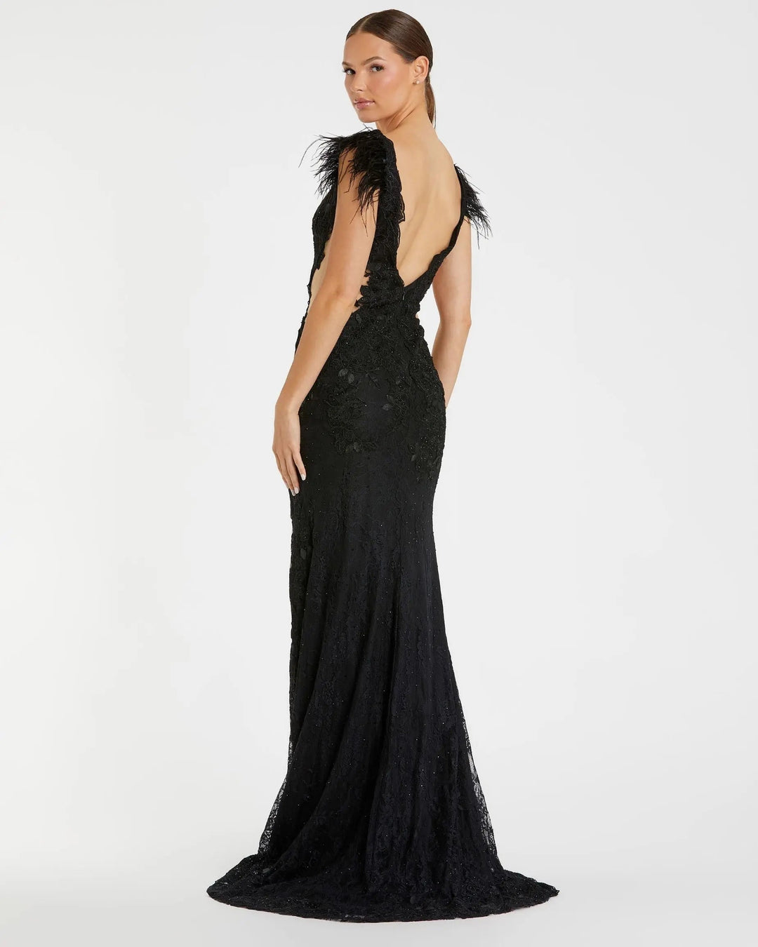 Mac Duggal 67782 Black Feather Cap Sleeve Lace Gown