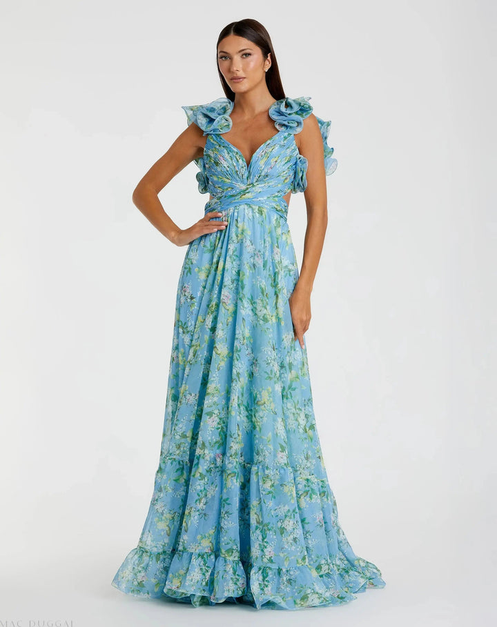 Mac Duggal 67803 Green Ruffle Tiered Floral Cut-Out Chiffon Gown