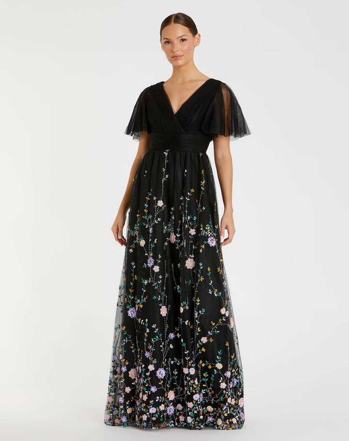 Mac Duggal 67889 Embroidered Butterfly Sleeve Empire Waist Dress