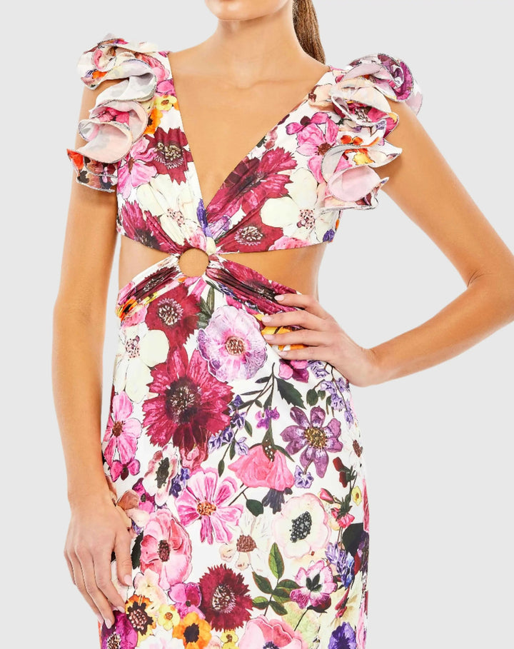 Mac Duggal 68107 Floral Print Ruffle Shoulder Cut Out Gown