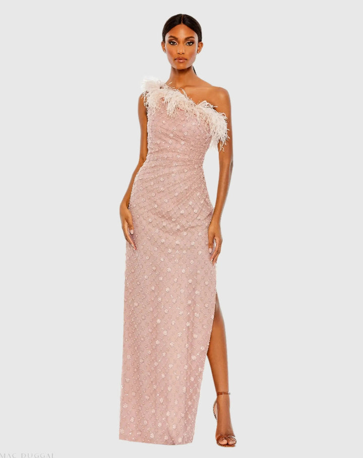 Mac Duggal 68139 Pink Embellished One Shoulder Gown w/ Ostrich Feathers