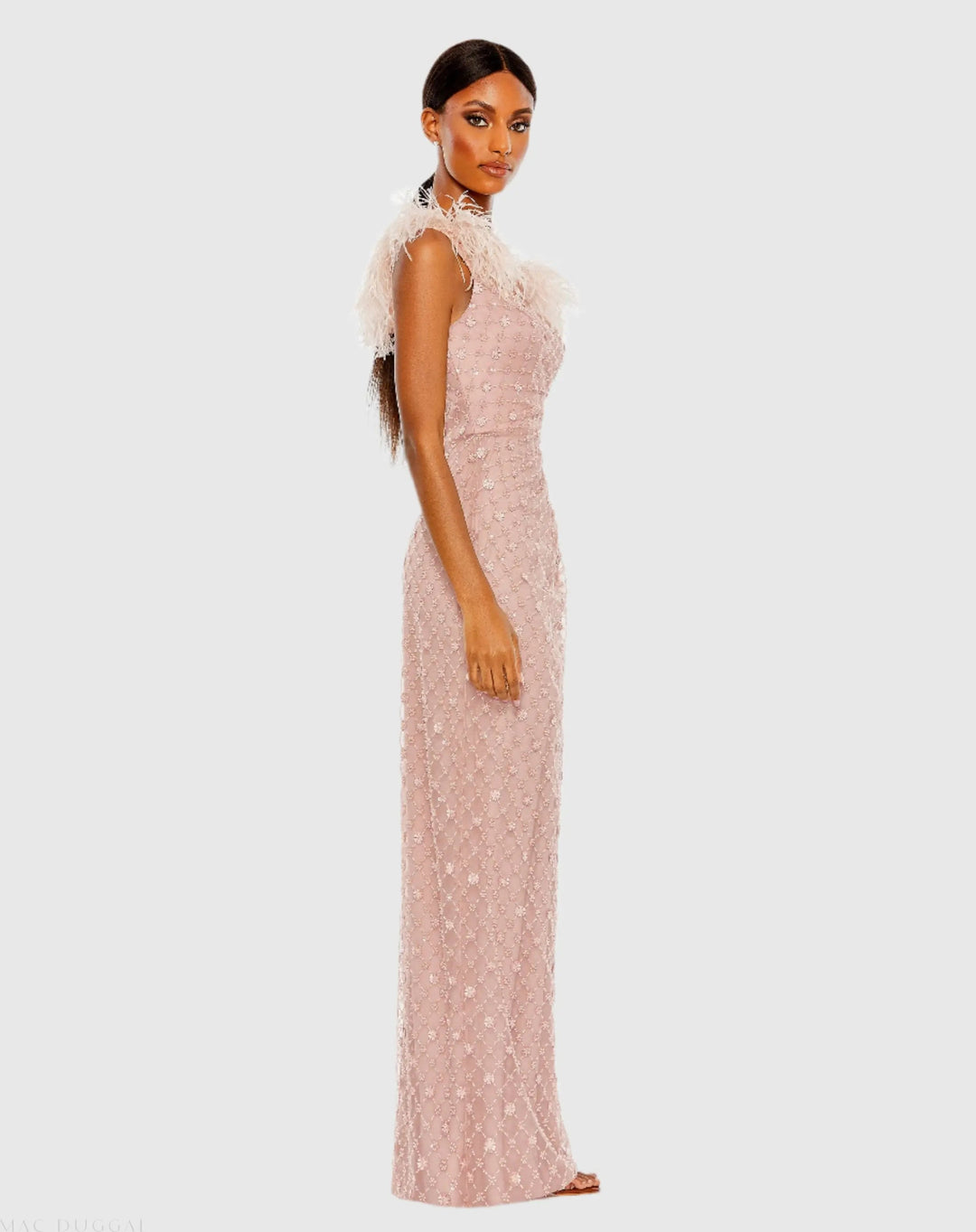 Mac Duggal 68139 Pink Embellished One Shoulder Gown w/ Ostrich Feathers