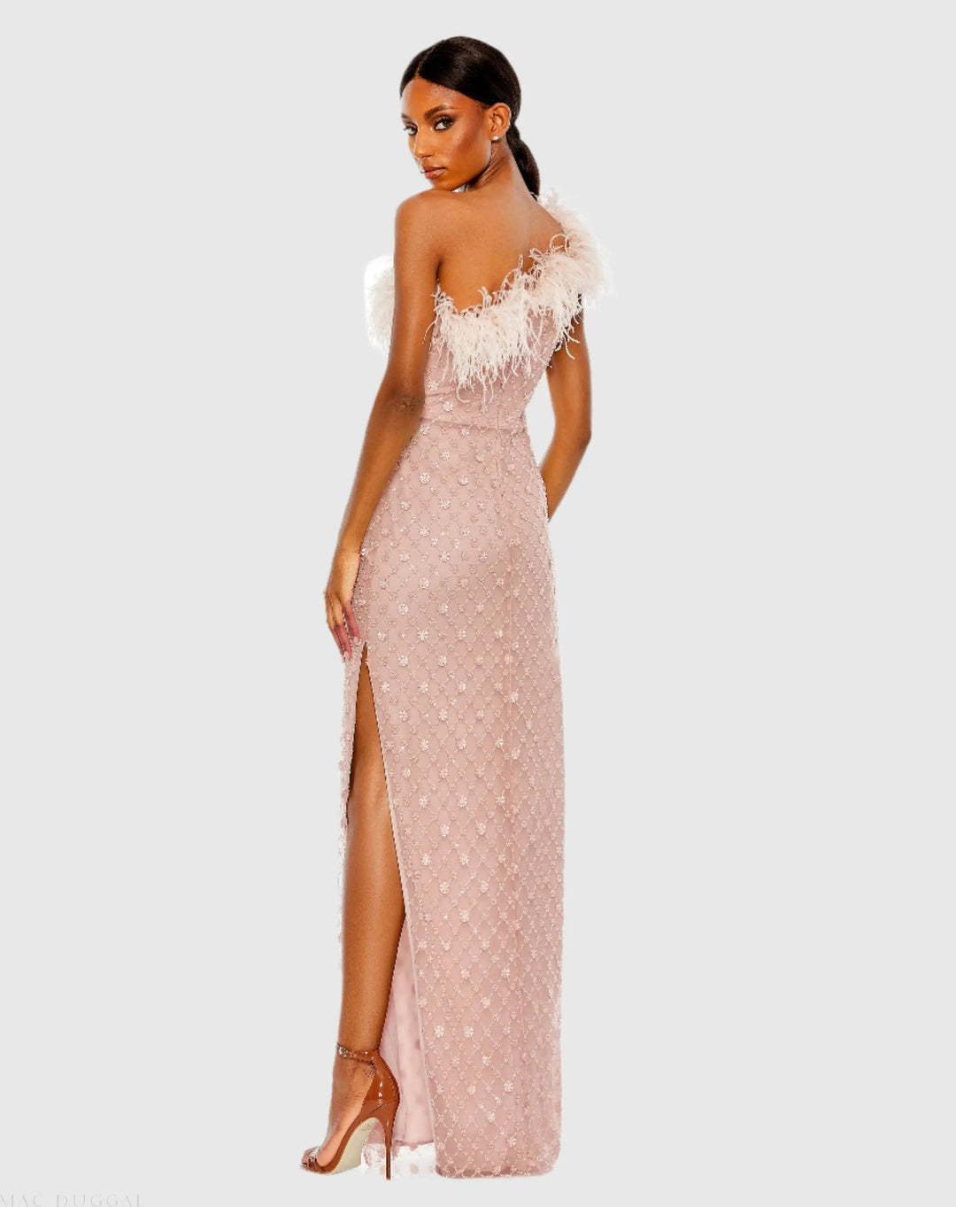 Mac Duggal 68139 Pink Embellished One Shoulder Gown w/ Ostrich Feathers