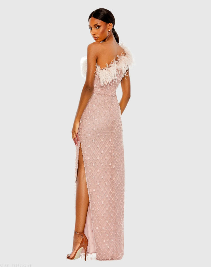 Mac Duggal 68139 Pink Embellished One Shoulder Gown w/ Ostrich Feathers