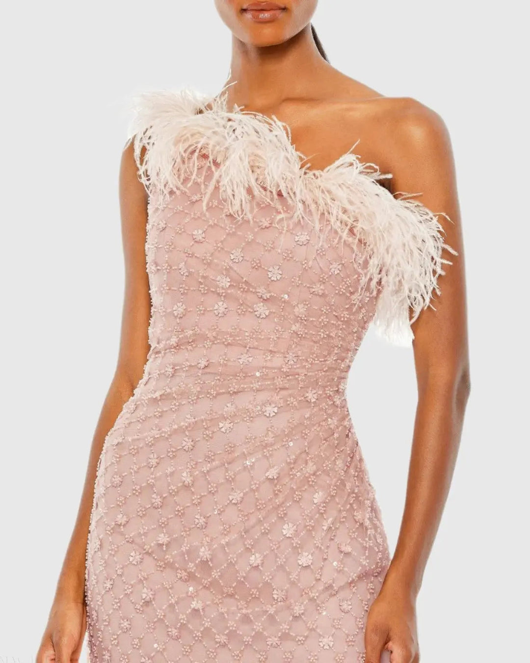 Mac Duggal 68139 Pink Embellished One Shoulder Gown w/ Ostrich Feathers