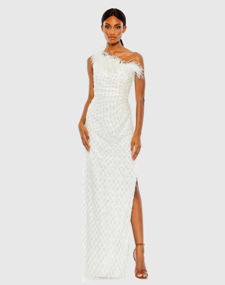 Mac Duggal 68139 Pink Embellished One Shoulder Gown w/ Ostrich Feathers