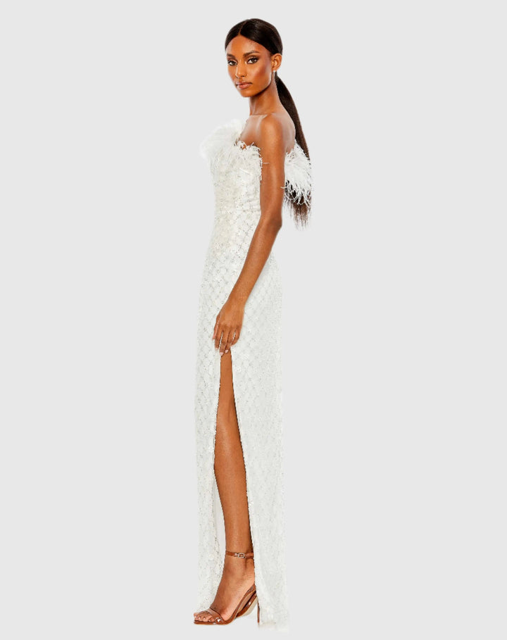 Mac Duggal 68139 Pink Embellished One Shoulder Gown w/ Ostrich Feathers