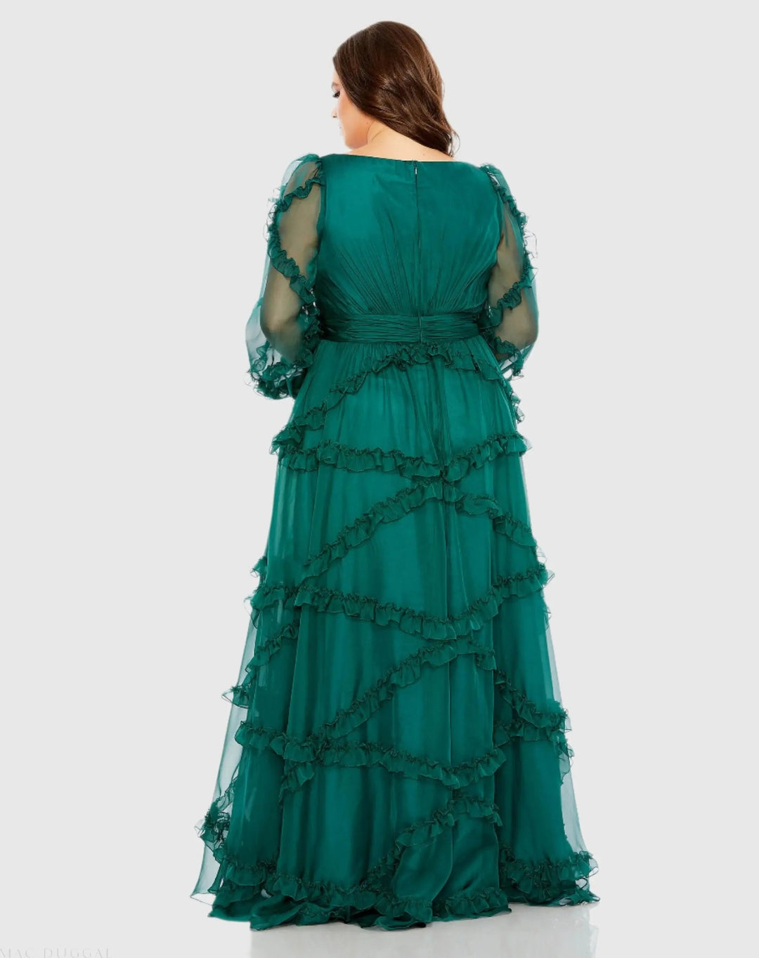 Mac Duggal 68425 V Neck Ruffle Tiered Puff Sleeve Gown (Plus)