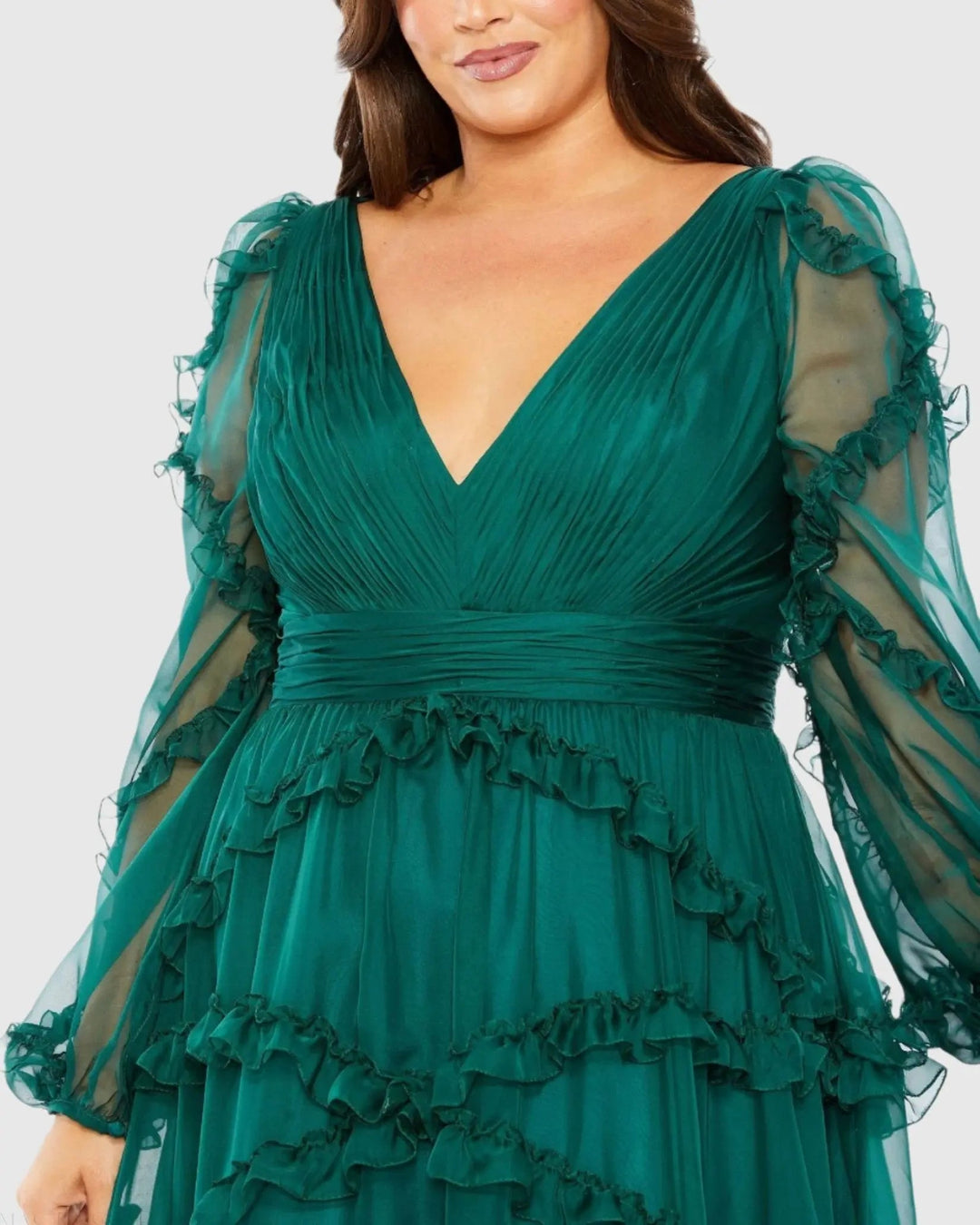 Mac Duggal 68425 V Neck Ruffle Tiered Puff Sleeve Gown (Plus)