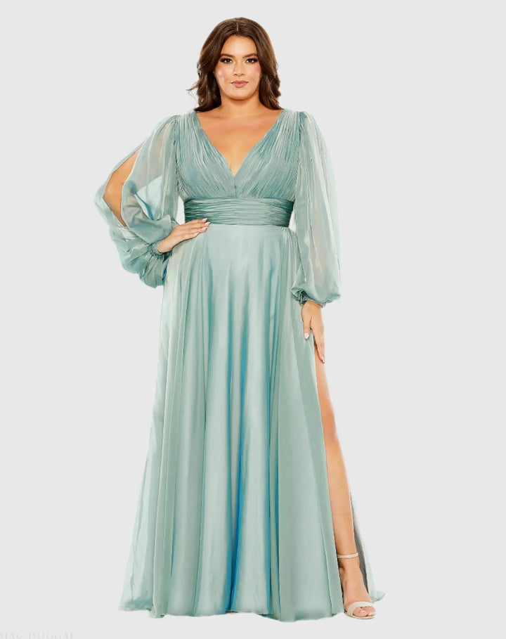 Mac Duggal 68431 Puff Sleeve w/ Embellished Cuff V Neck A Line Gown