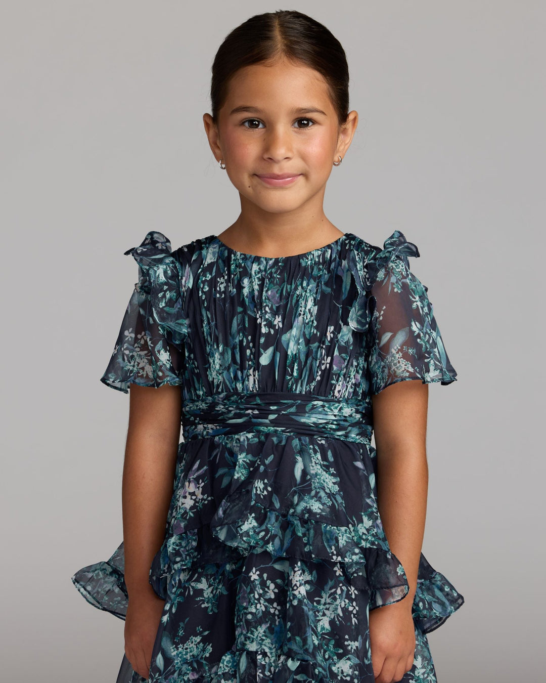Mac Duggal 68664 Girls Floral Chiffon Tiered Ruffle Dress