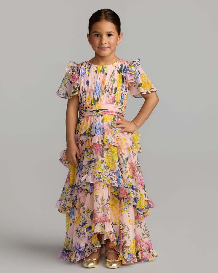 Mac Duggal 68664 Girls Floral Chiffon Tiered Ruffle Dress