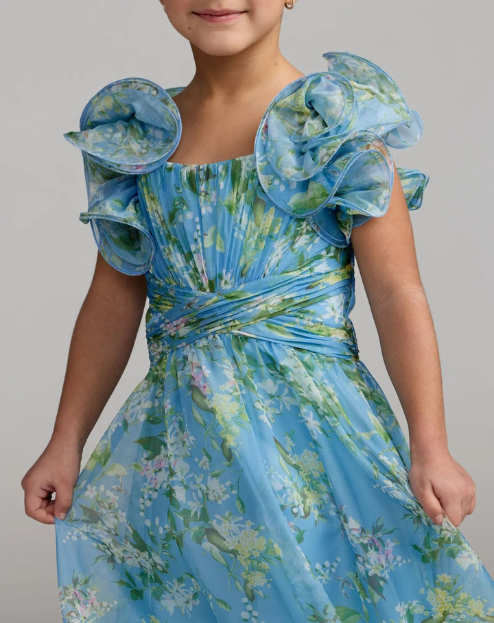 Mac Duggal 68669 Girls Floral Chiffon Ruffle Shoulder Dress