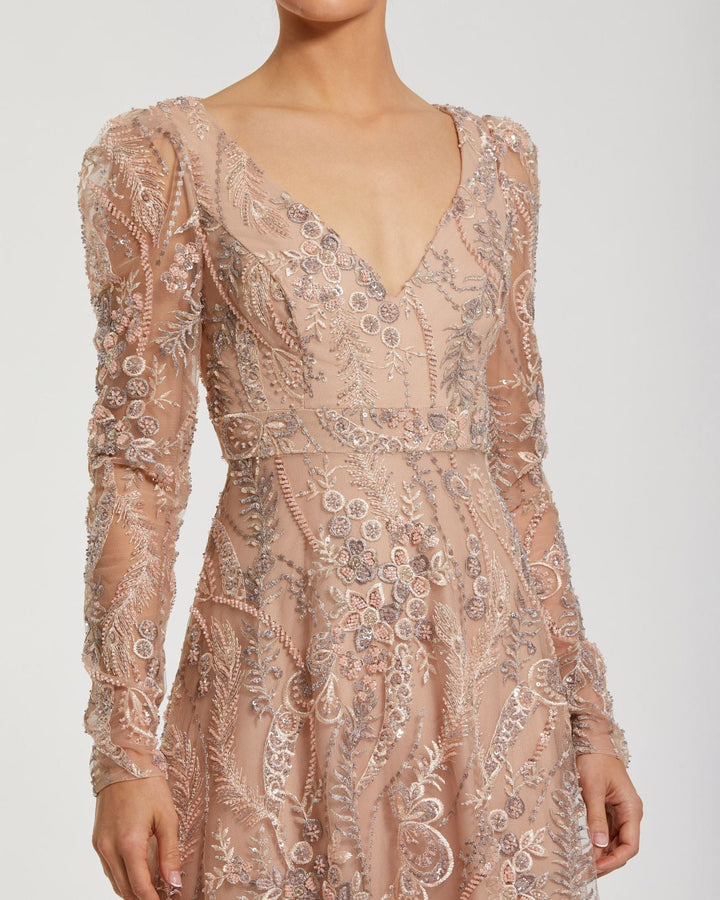Mac Duggal 68908 Embroidered Long Sleeve V Neck Gown