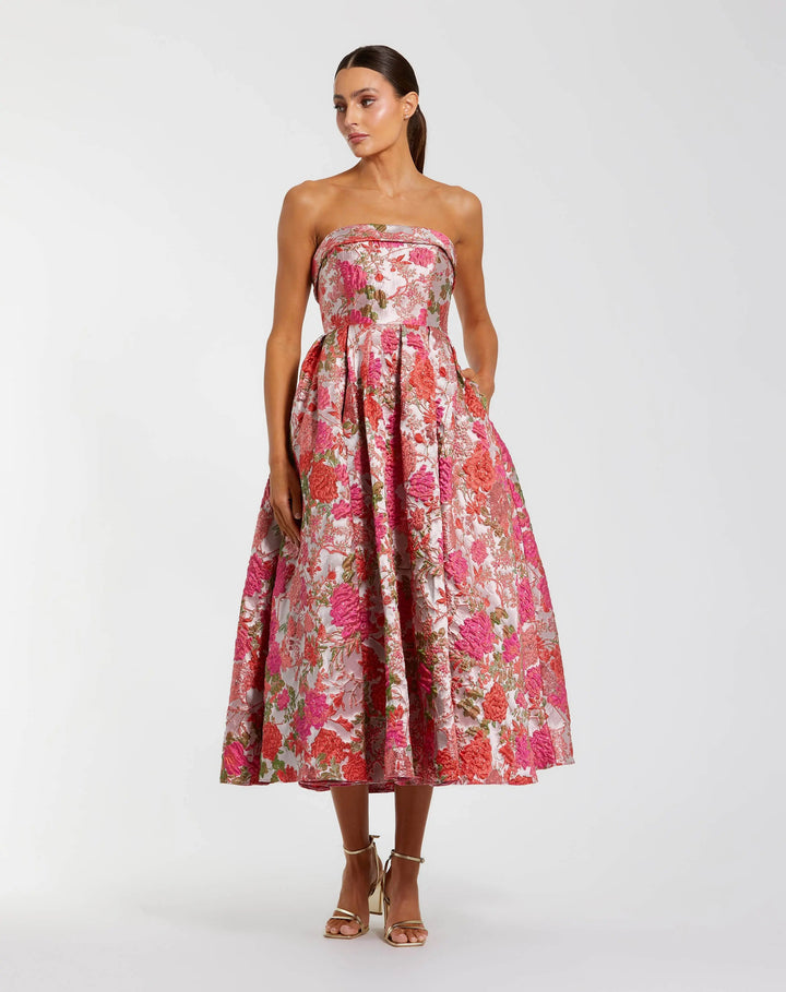 Pink Floral Brocade A Line Midi Dress - FOSTANI.com