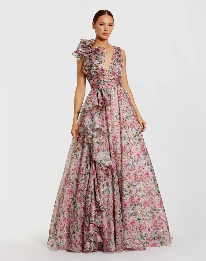 Mac Duggal 9948856P Petite Pink Ruffle Shoulder V-Neck Chiffon Gown