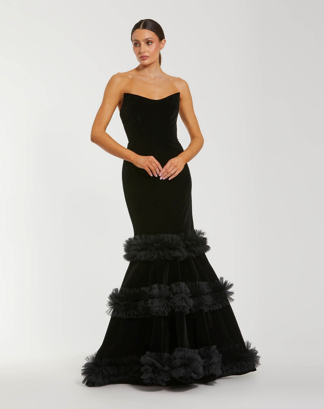 Mac Duggal 68982 Strapless Velvet Mermaid Gown With Tiered Ruffles