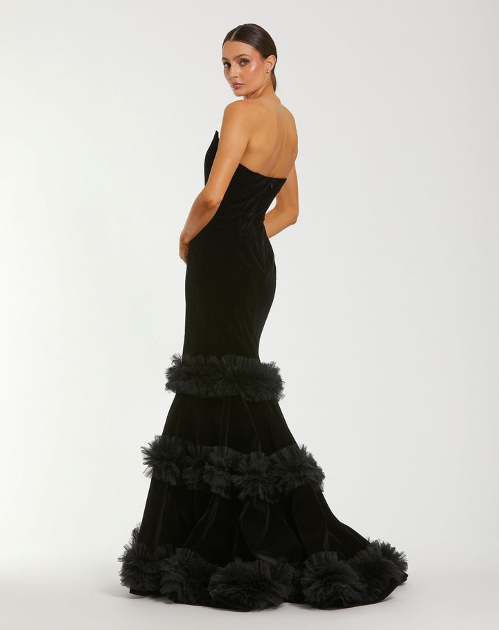 Mac Duggal 68982 Strapless Velvet Mermaid Gown With Tiered Ruffles