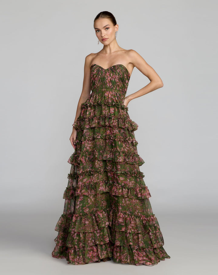 Mac Duggal 69065 Floral Strapless Tiered Ruffle Ball Gown