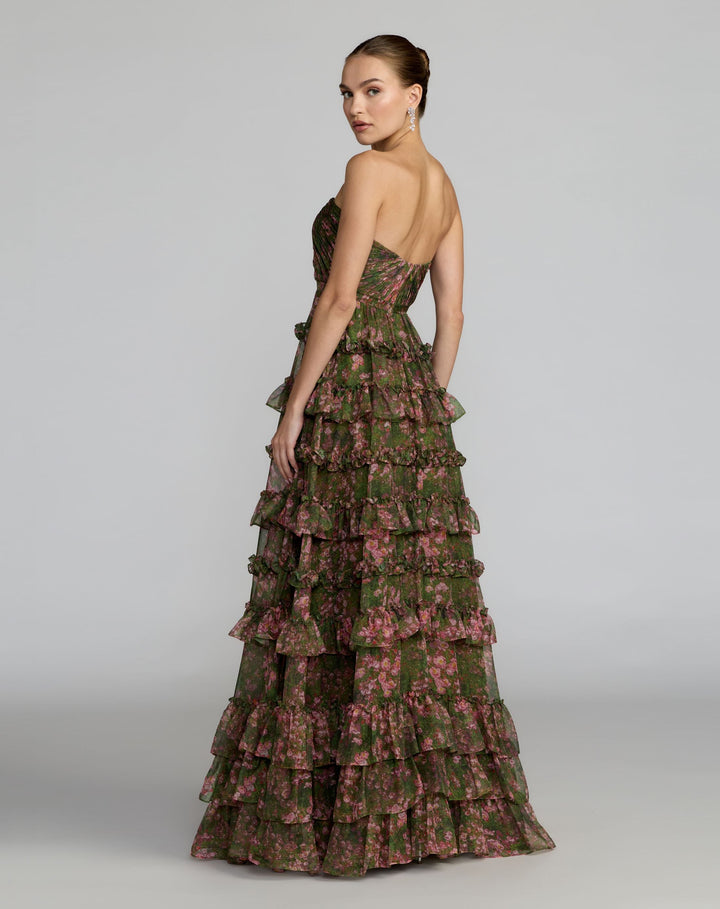 Mac Duggal 69065 Floral Strapless Tiered Ruffle Ball Gown
