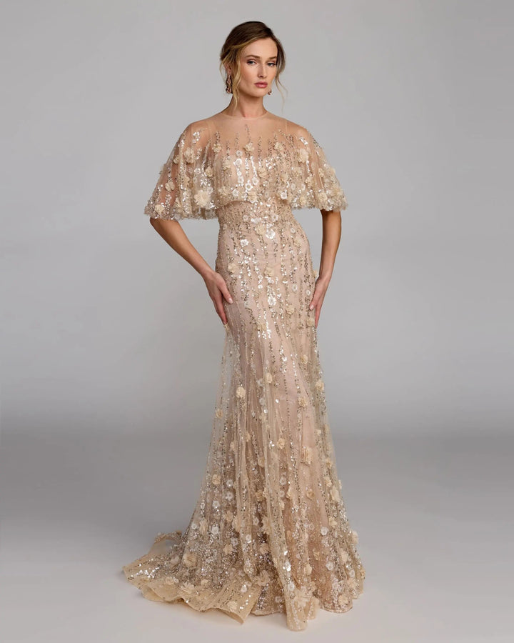 Mac Duggal 69188 Beige Embellished Cape Sleeve Gown - FOSTANI.com