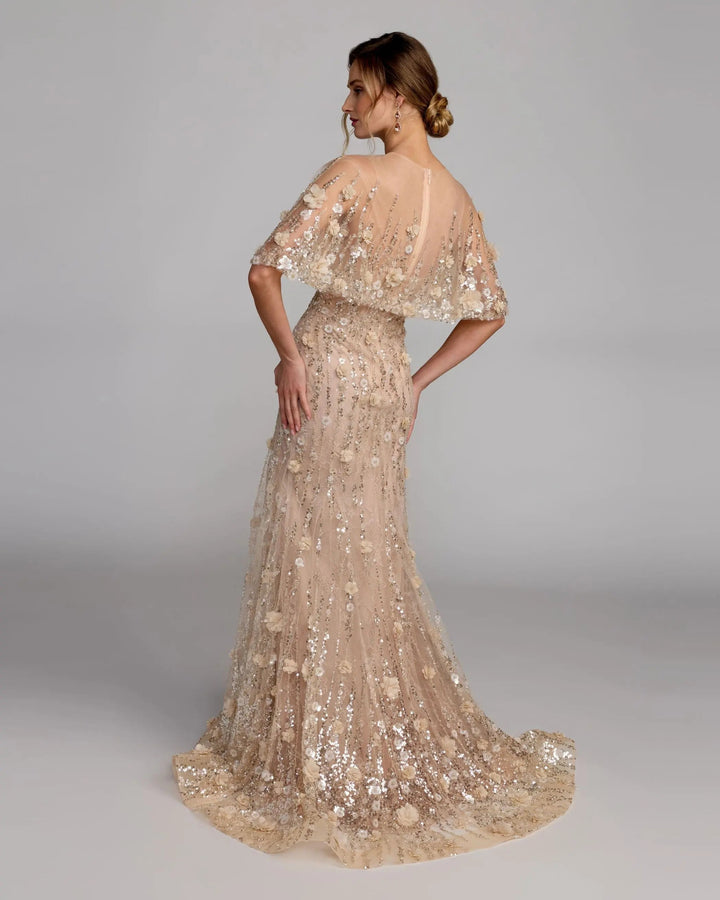 Mac Duggal 69188 Beige Embellished Cape Sleeve Gown - FOSTANI.com