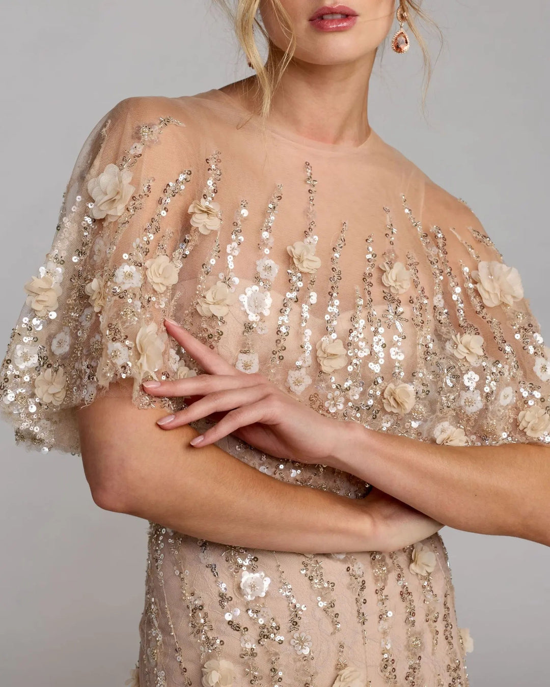 Mac Duggal 69188 Beige Embellished Cape Sleeve Gown - FOSTANI.com