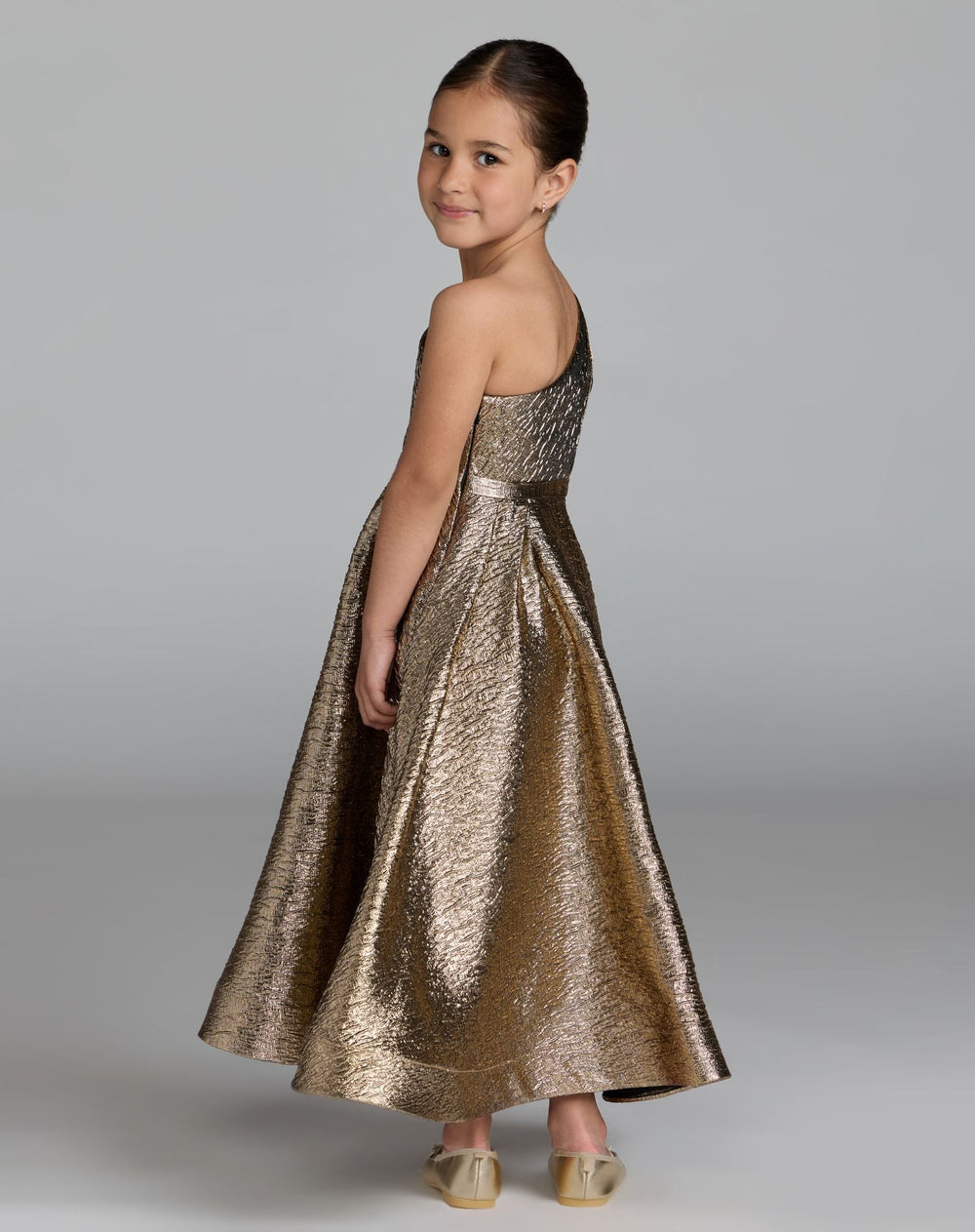 Mac Duggal 69314 Girls One Shoulder Metallic Maxi Dress