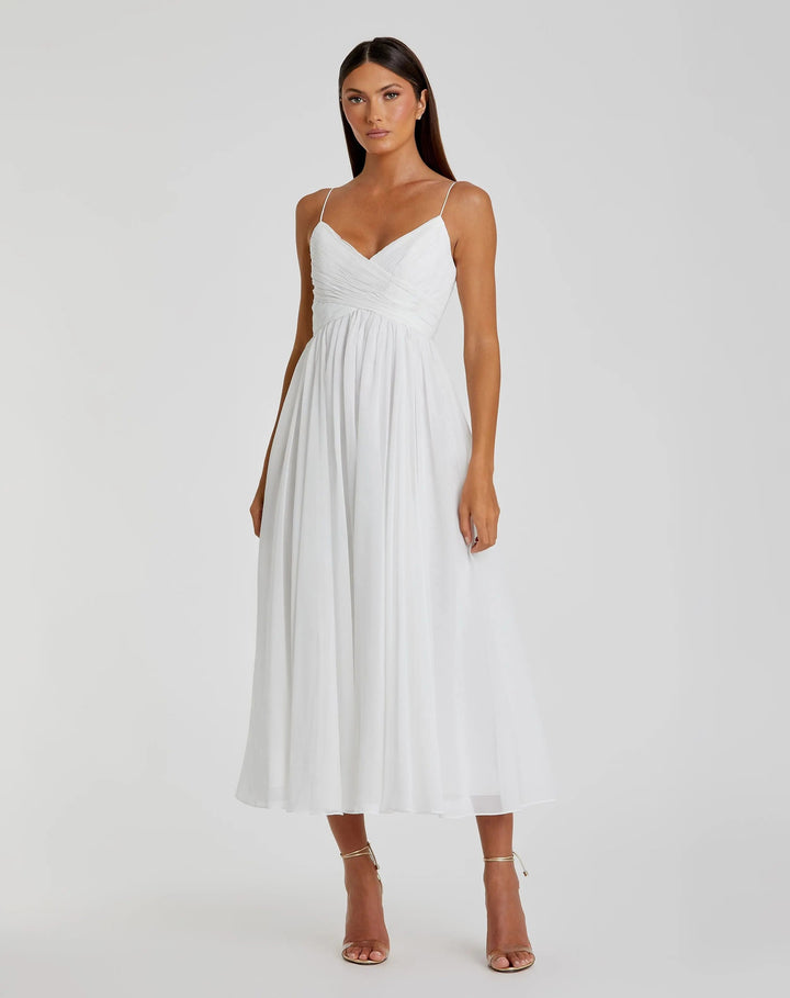 Mac Duggal EFFORTLESSLY Faux Wrap Sleeveless Flowy Midi Dress