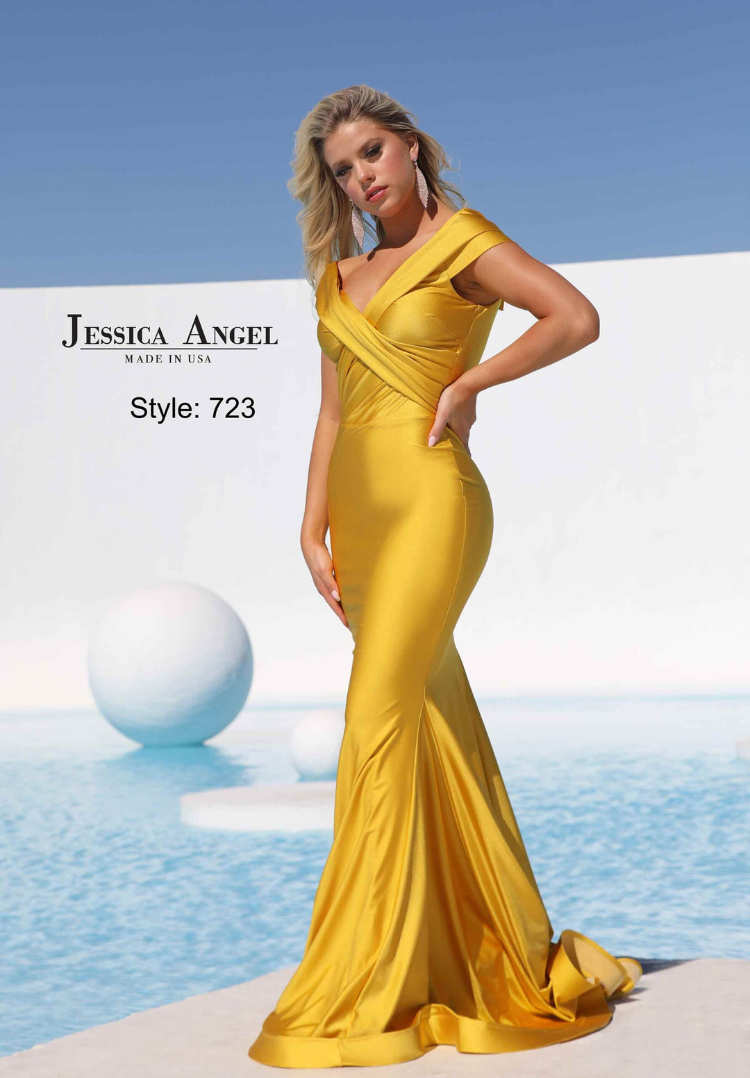 Jessica Angel 723 off shoulder wrap neckline mermaid gown front view