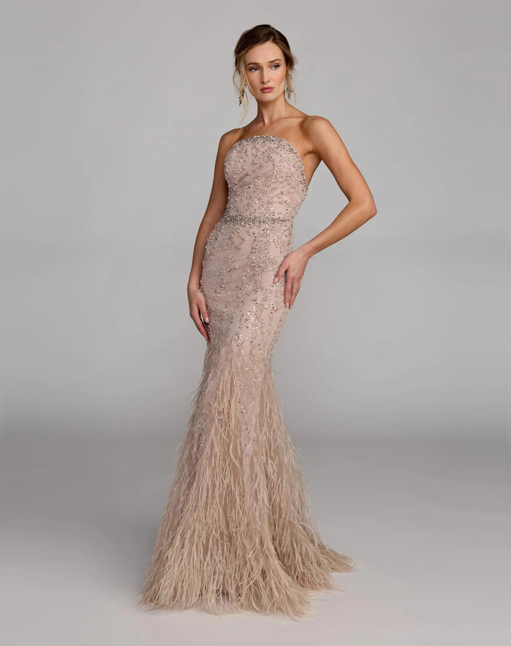 Beige Strapless Embellished Mermaid Gown With Feather Hem - FOSTANI.com