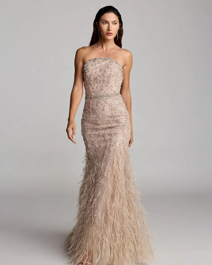Beige Strapless Embellished Mermaid Gown With Feather Hem - FOSTANI.com
