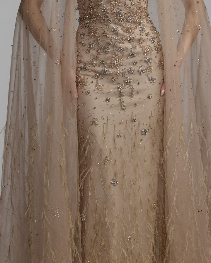 Mac Duggal 77104 Crystal Embellished Cape Gown with Feathers