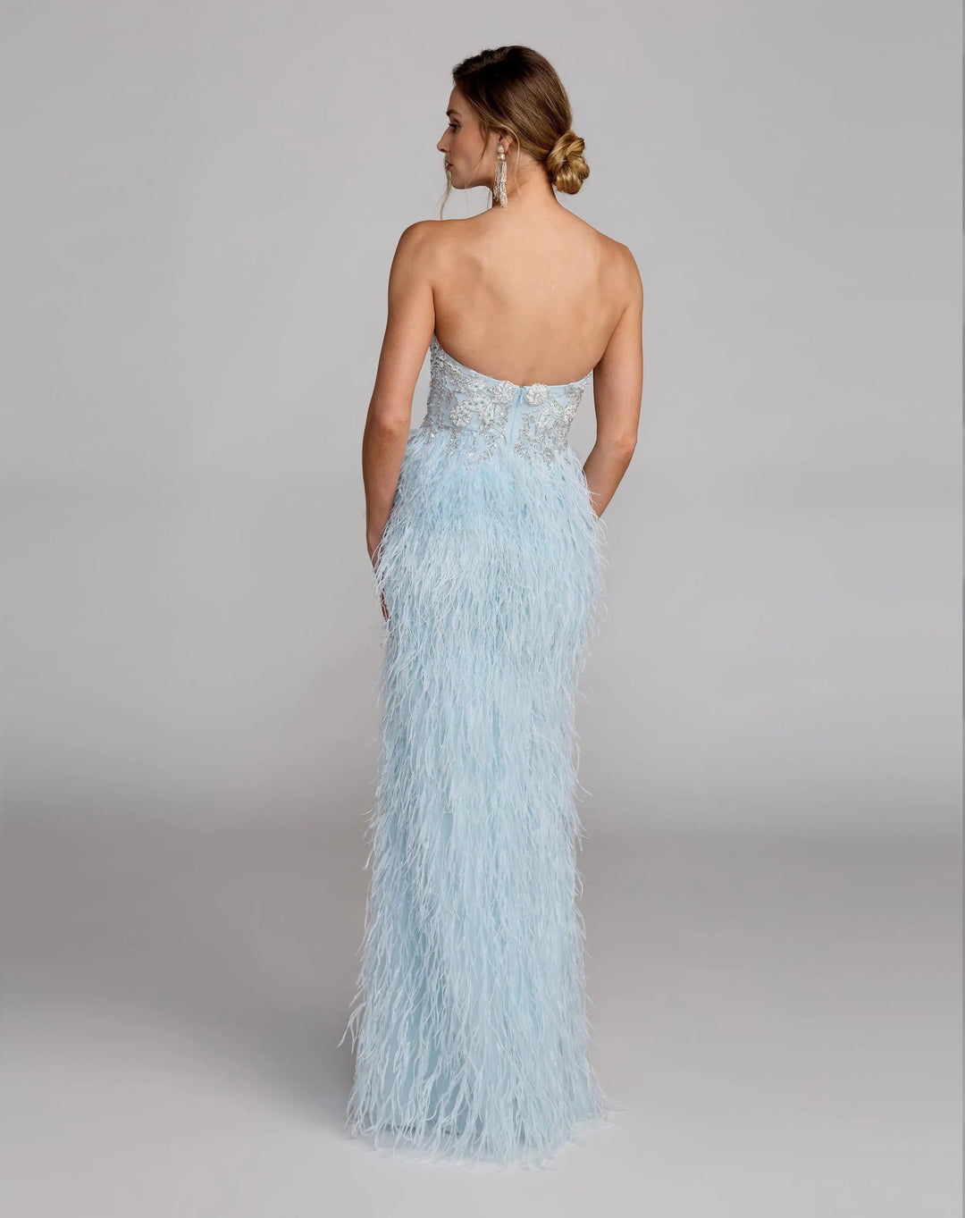 Blue Embellished Strapless Feather Gown - FOSTANI.com